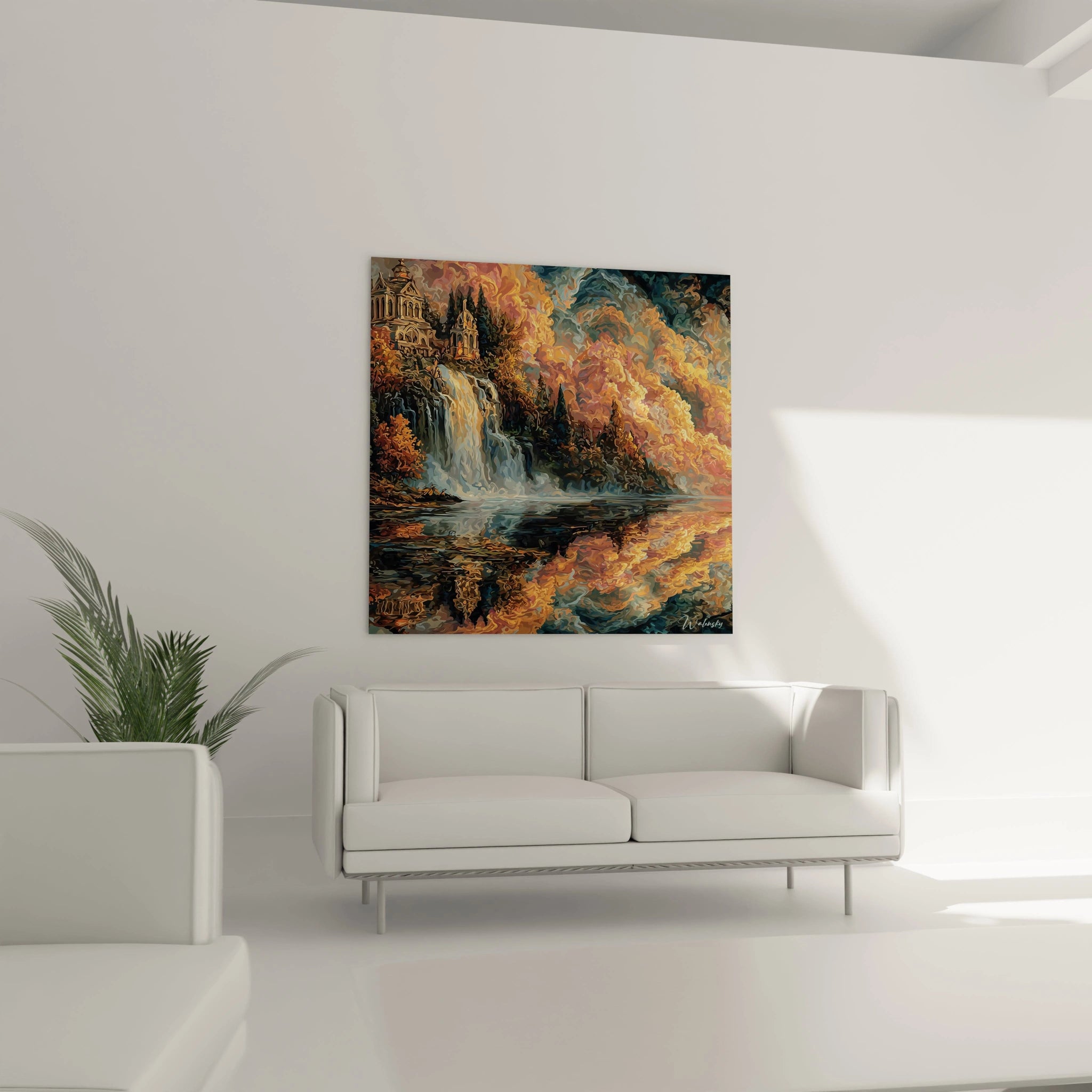 Tableau mural Walensky tableau château gothique avec cascade et reflet automnal au dessus d un canapé blanc
