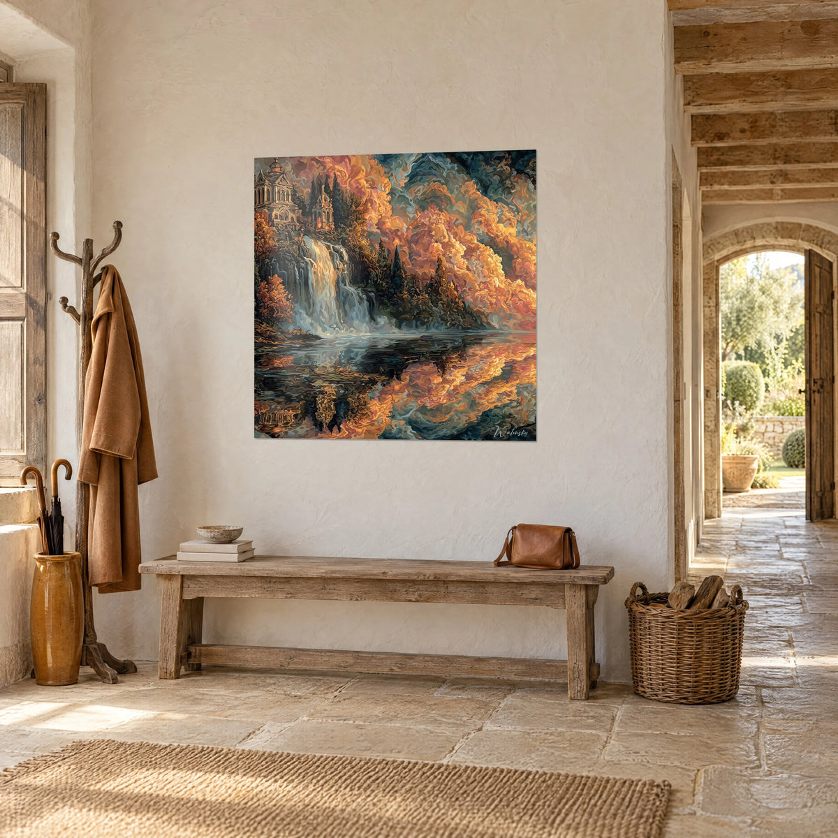 Wall art turreted manor overlooking a waterfall, amber and pink autumn clouds, mirror-like lake, stone wall and wooden bench