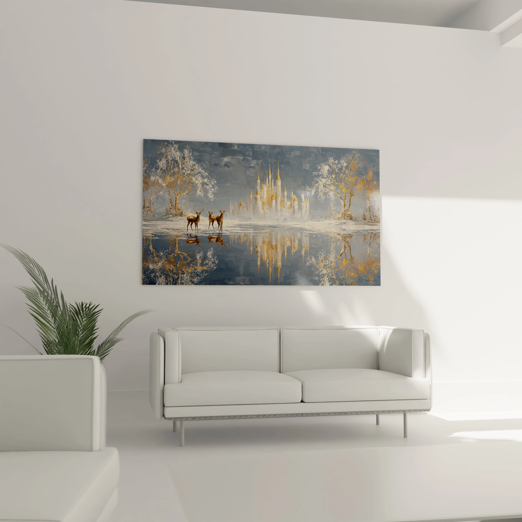 Tableau château neige édition Noël représentant des cerfs dans un paysage hivernal féerique