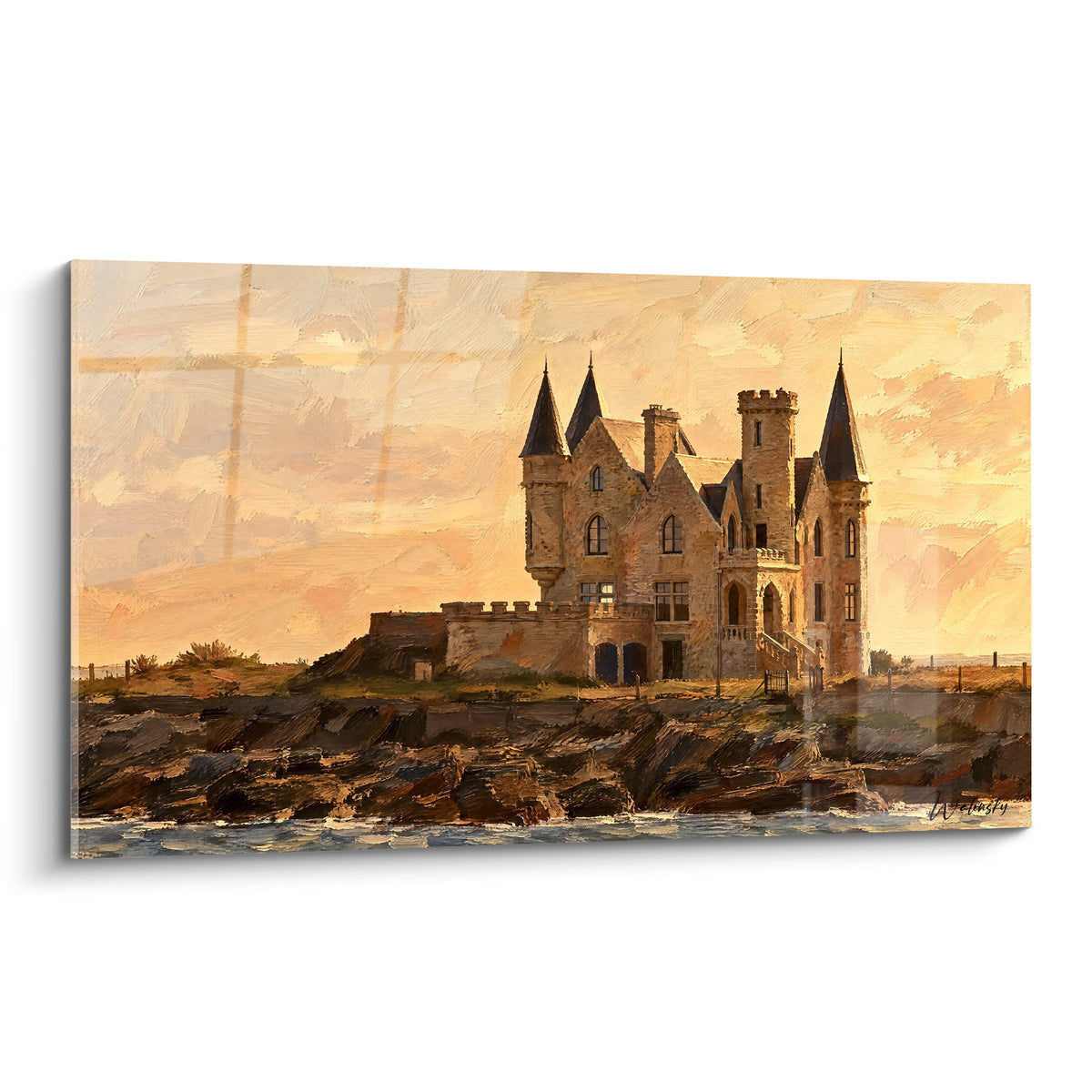 Tableau château de pierre doré aux tourelles anthracite dominant une pointe rocheuse face à l'océan