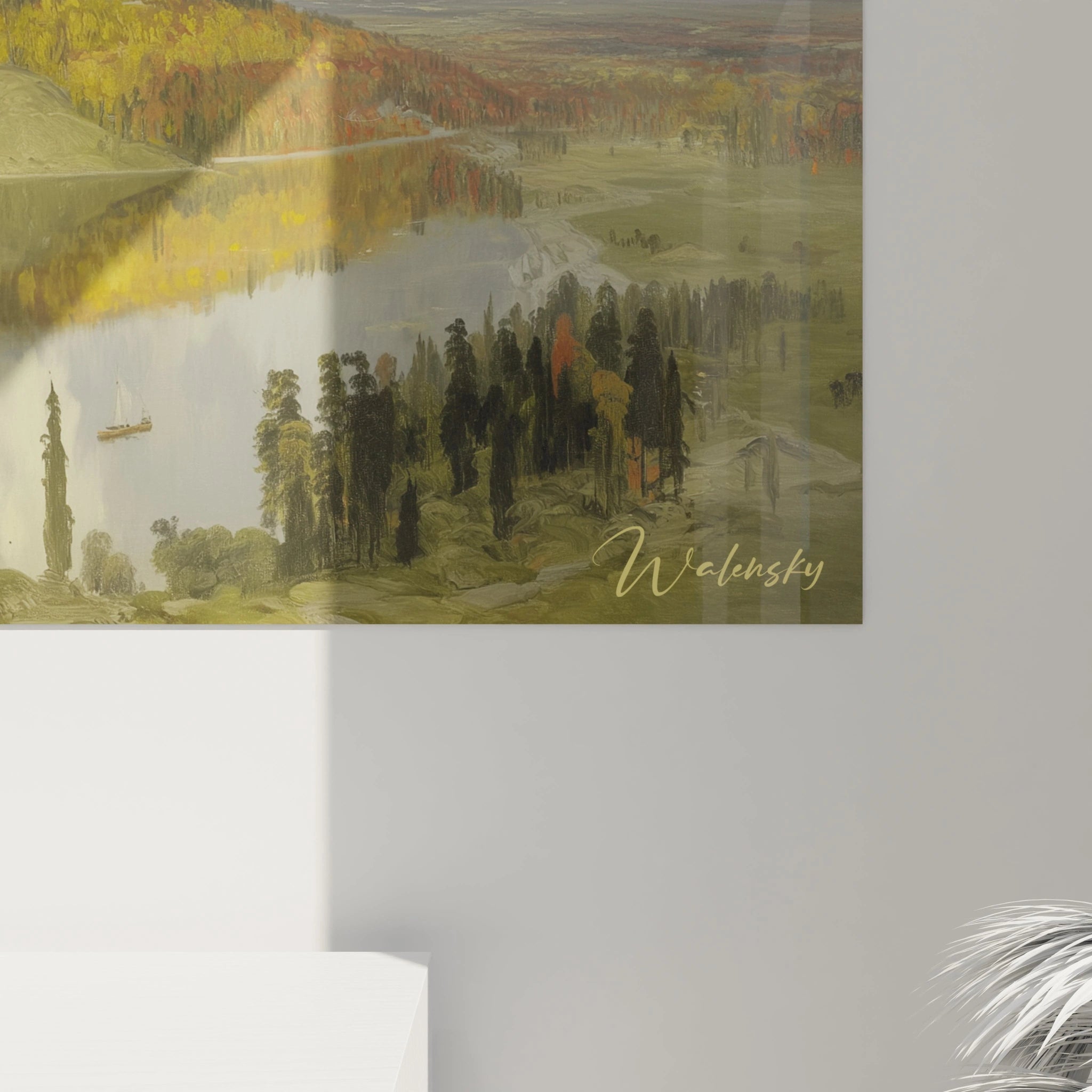 tableau château romantique Walensky paysage lacustre automnal avec arbres reflet sur le lac et petit bateau