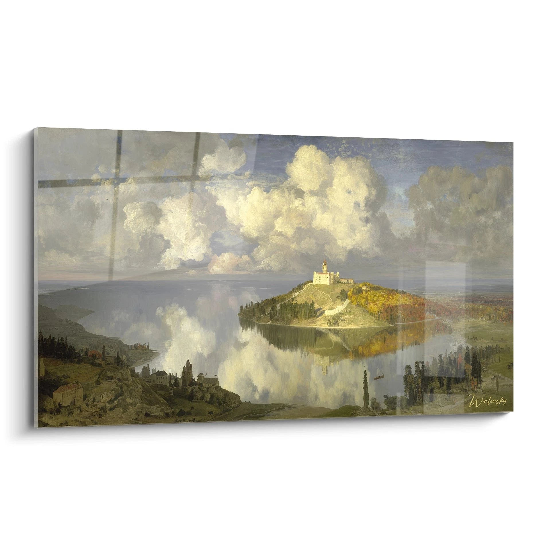 Tableau mural Walensky montrant un tableau château romantique sur une île, reflet dans l eau et nuages lumineux