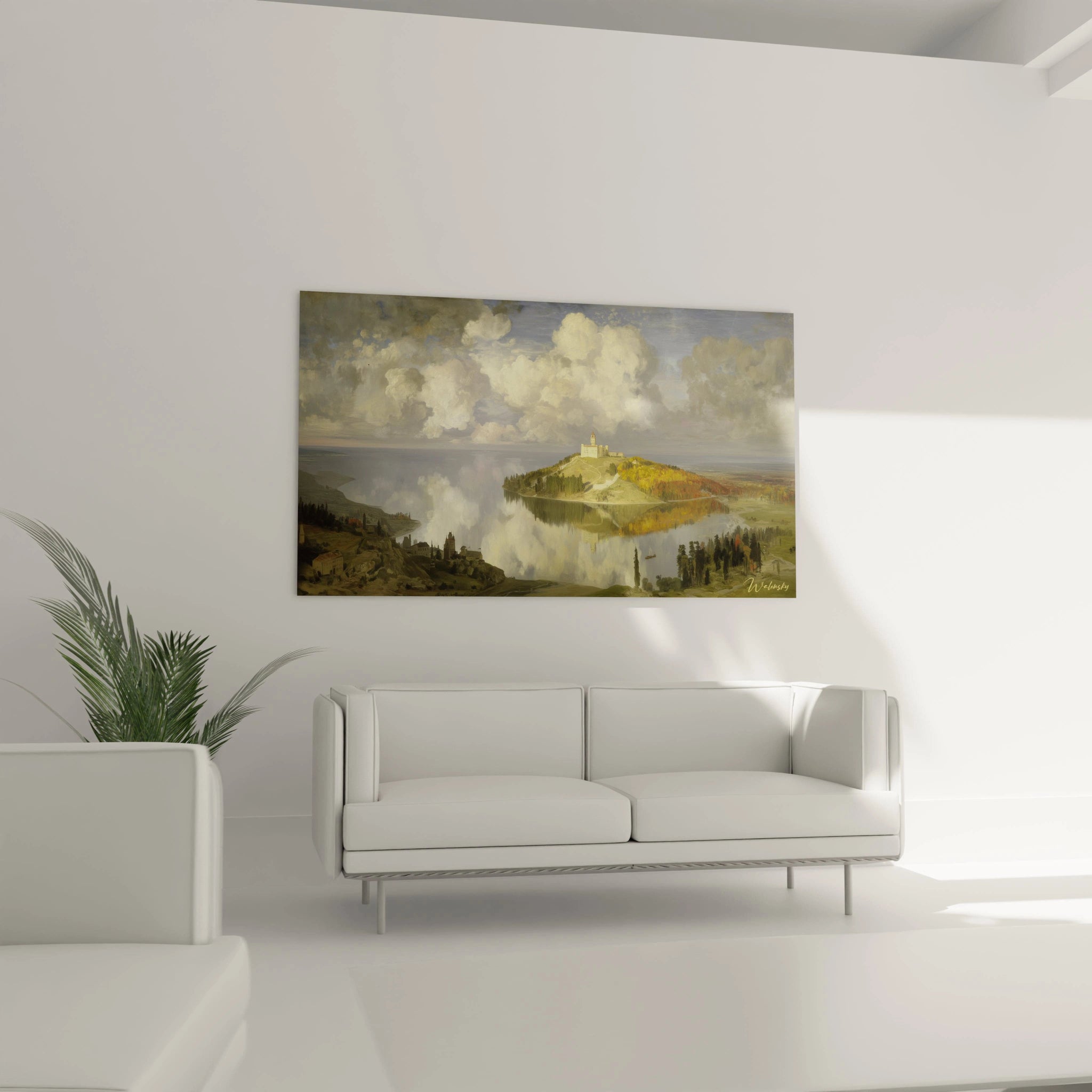 Tableau mural Walensky tableau château romantique représentant une île avec château ciel nuageux et reflet sur l eau