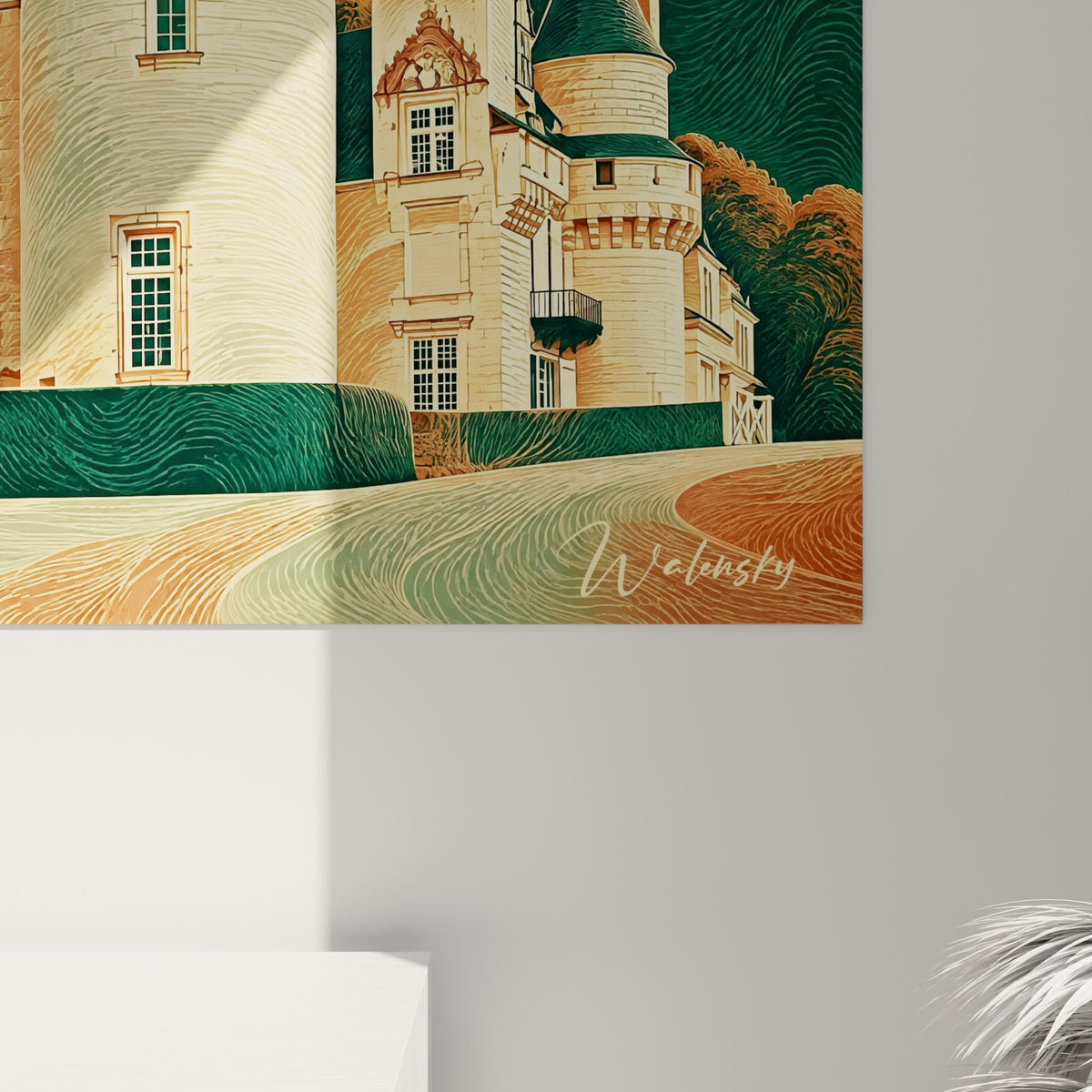 Grain pictural des tourelles crème et des toits vert sombre du Château d'Ussé, détail des cheminées rayées rouge et blanc