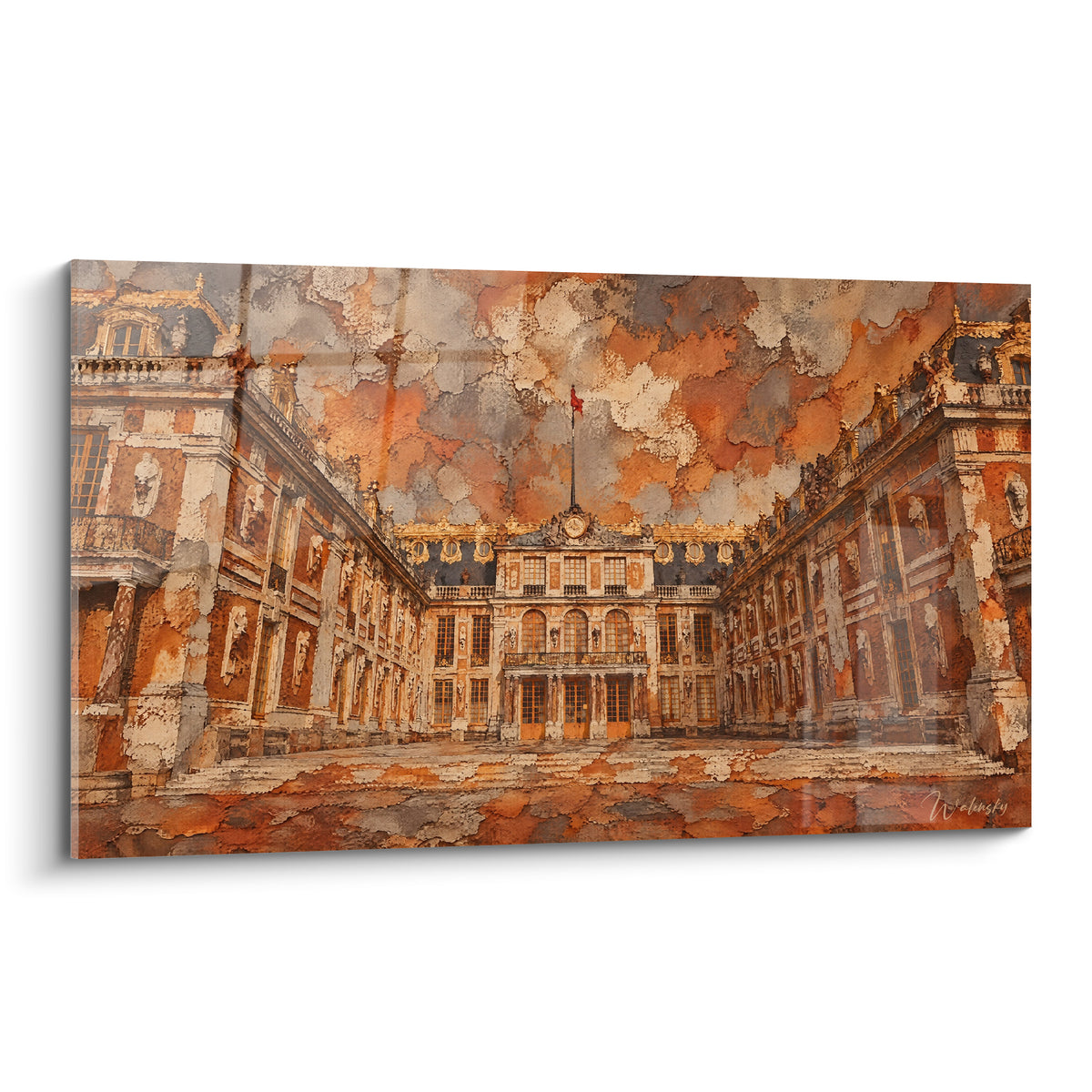 Château de Versailles en cour d'honneur, tons ocre et dorés, ciel orageux anthracite, style aquarelle