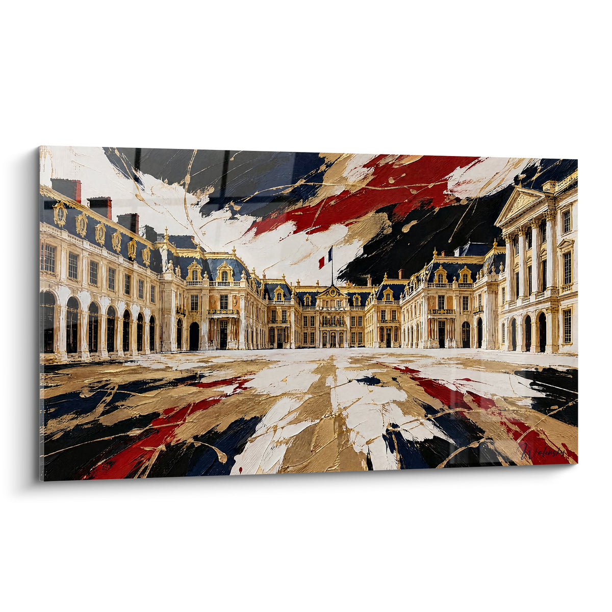 Château de Versailles doré, cour d'honneur peinte en bleu marine, rouge et empâtements épais sur toile.