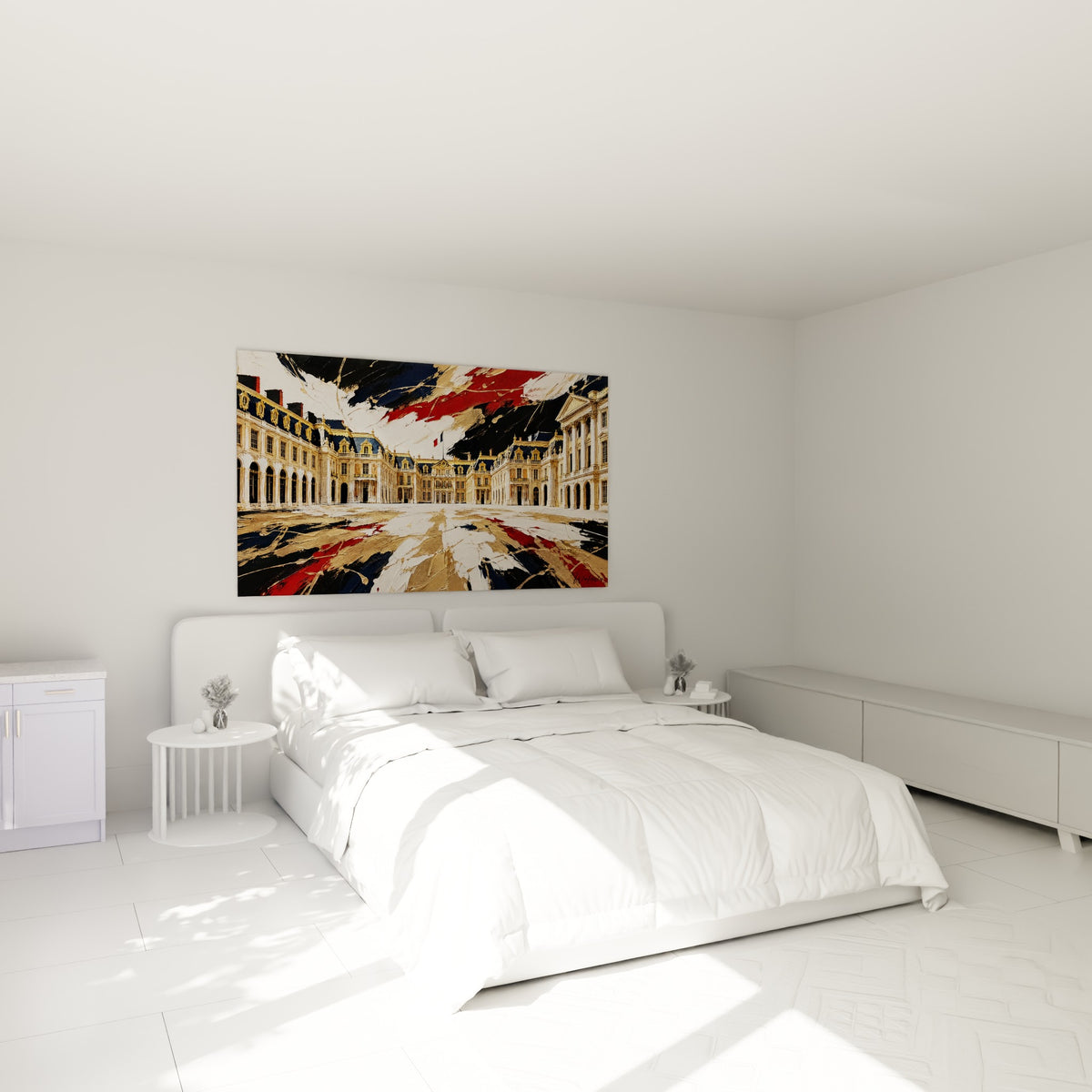Façade royale dorée et bleu marine, touches rouges éclatées, accrochée au-dessus d'un lit dans une chambre claire.