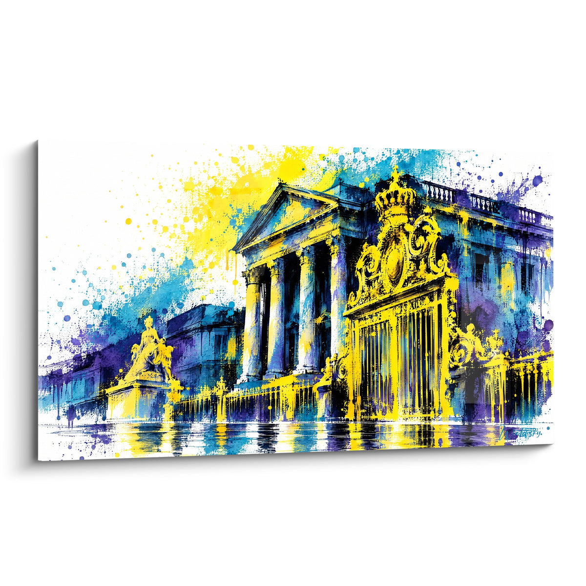 Grille royale dorée et façade bleu marine du Château de Versailles en aquarelle éclatante