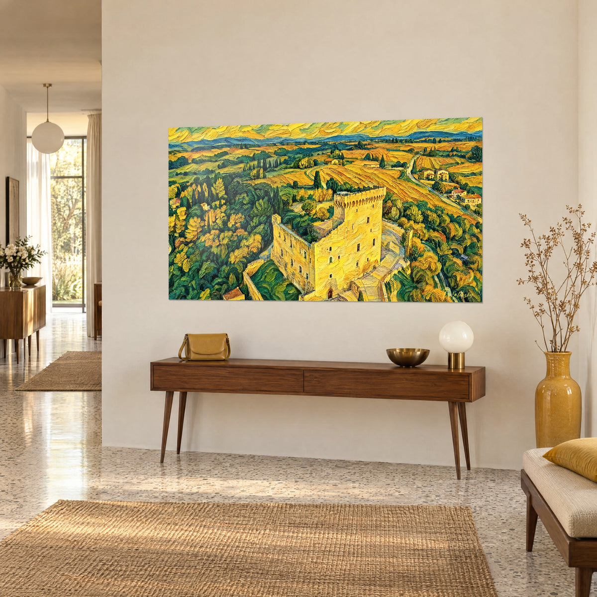 Wall art crenellated honey-colored keep dominating rolling hills of fir green and orange, hung above a wooden console in the entrance of a 1950s house