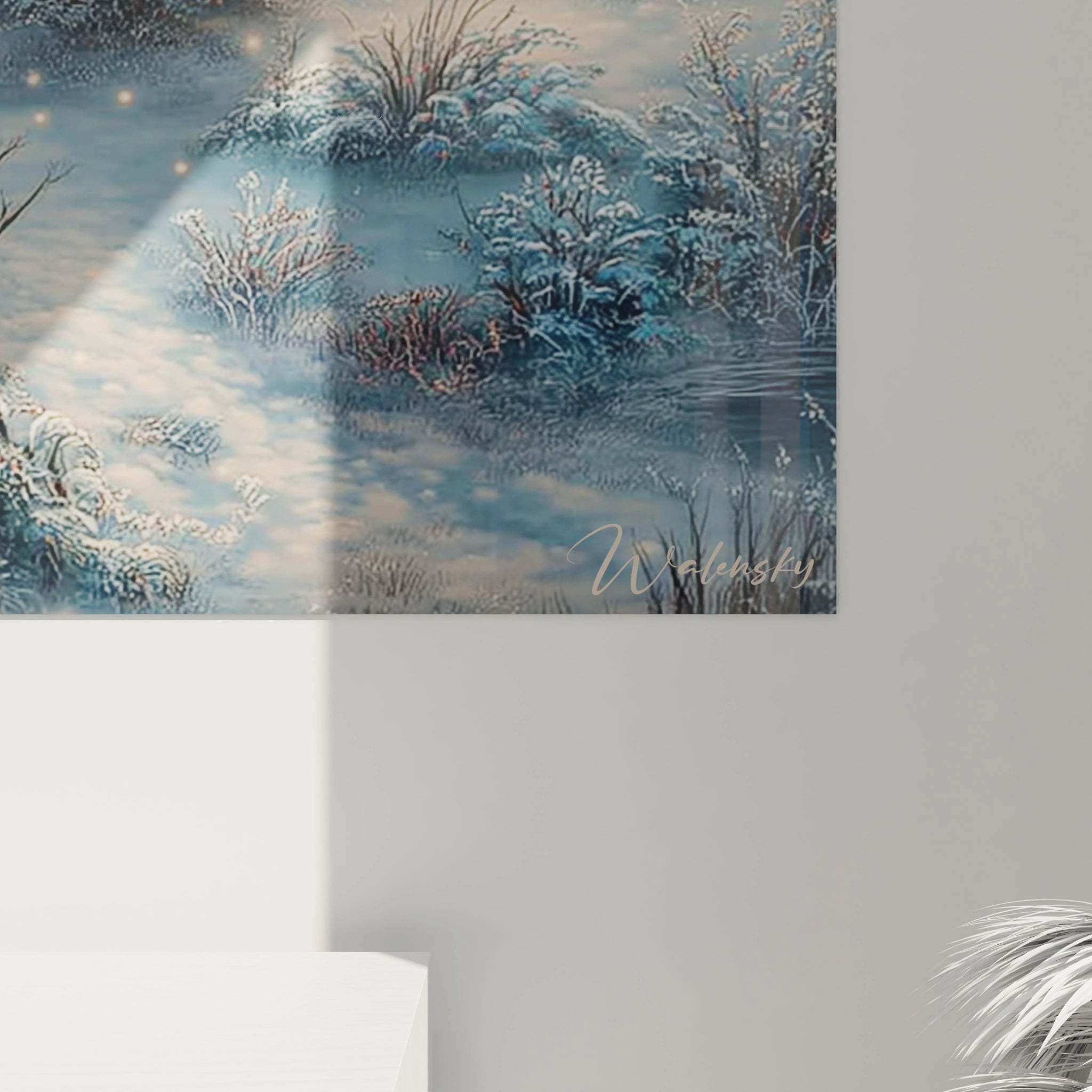 tableau déco chalet enneigé Walensky paysage hivernal mural avec buissons enneigés et lumière douce