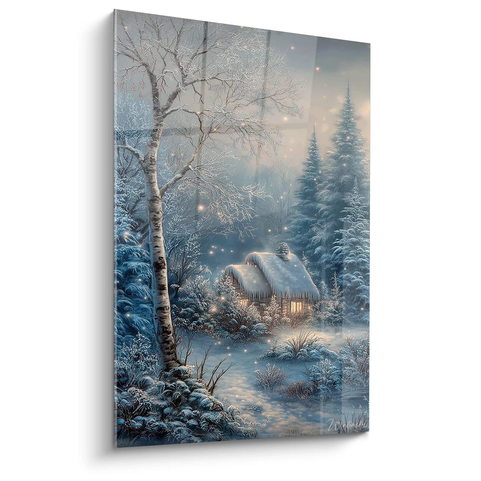 Tableau mural Walensky tableau déco chalet enneigé avec chalet illuminé dans forêt enneigée aux tons bleus apaisants