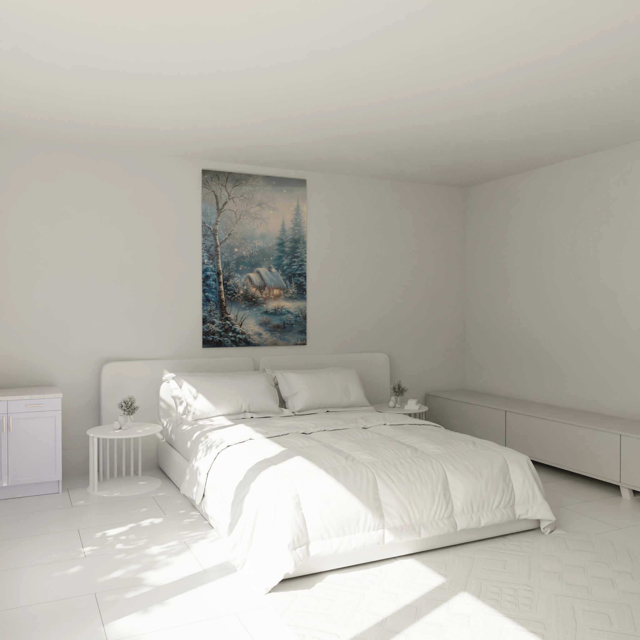tableau déco chalet enneigé Walensky accroché au mur d'une chambre minimaliste blanche au-dessus d'un lit double