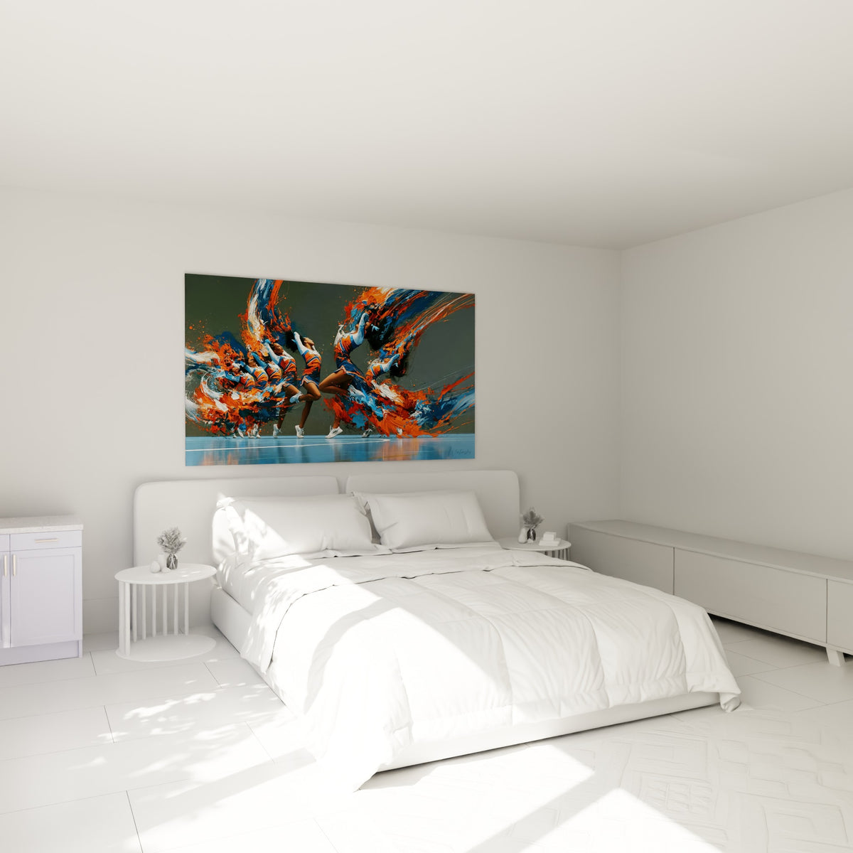 Cheerleader en plein bond, éclaboussures orange et bleues, au-dessus d'un lit dans une chambre claire