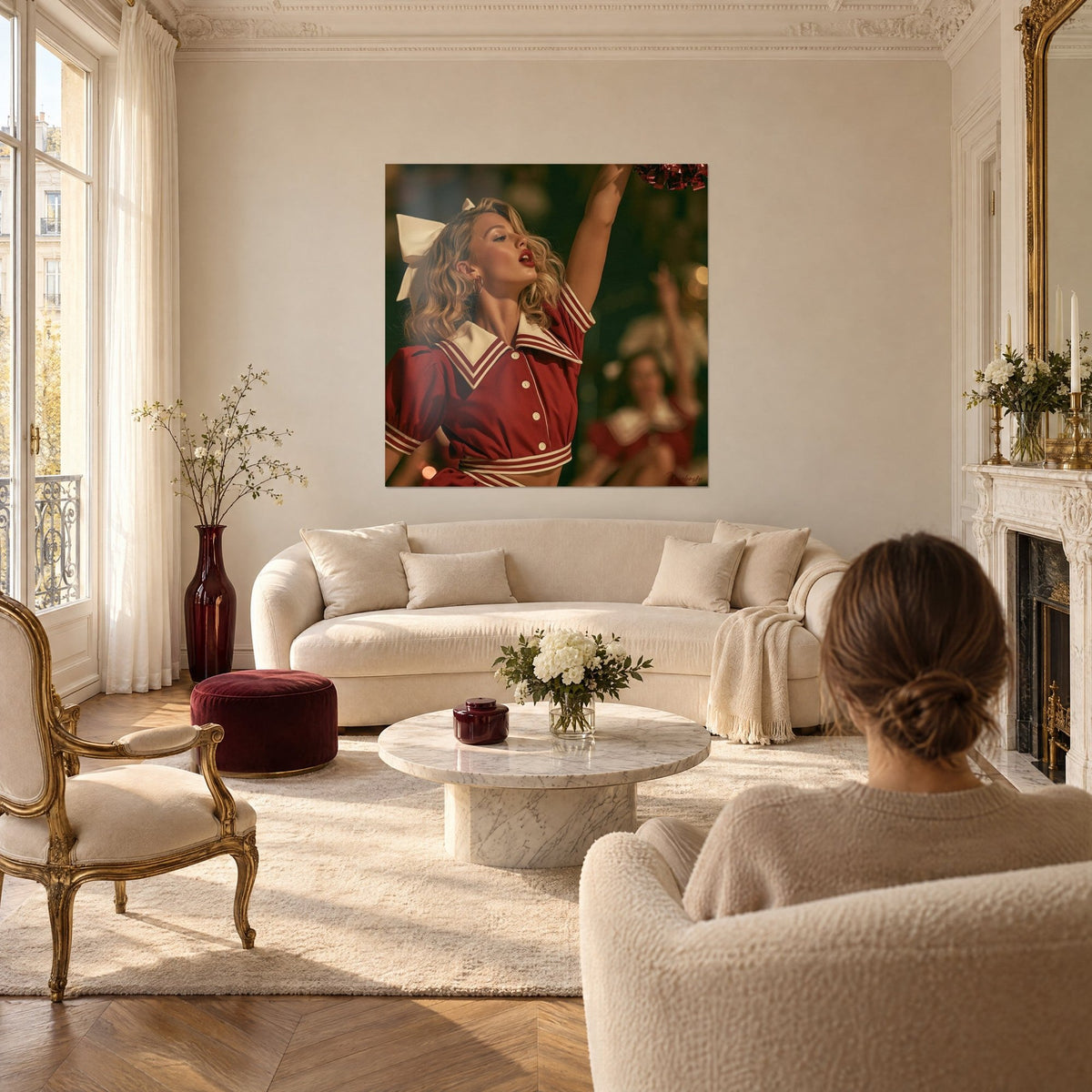 Tableau meneuse blonde bras levé, uniforme rouge et crème, pompon écarlate, au-dessus d'un canapé dans un salon lumineux
