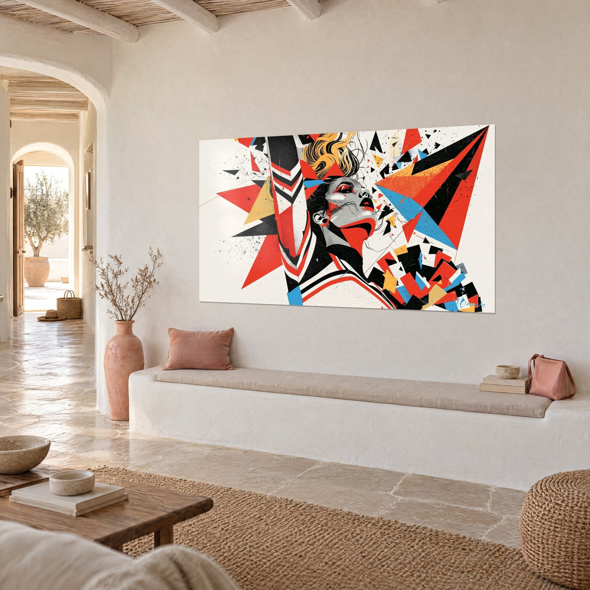 Wall art cheerleader with scarlet and blue triangles, blonde hair flying, on a limewashed wall, three-quarter view