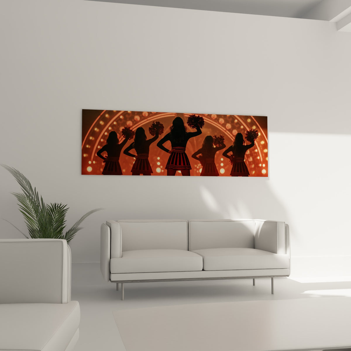 Pom-pom girls cheerleader en contre-jour ambré et anthracite, au-dessus d'un canapé dans un salon lumineux