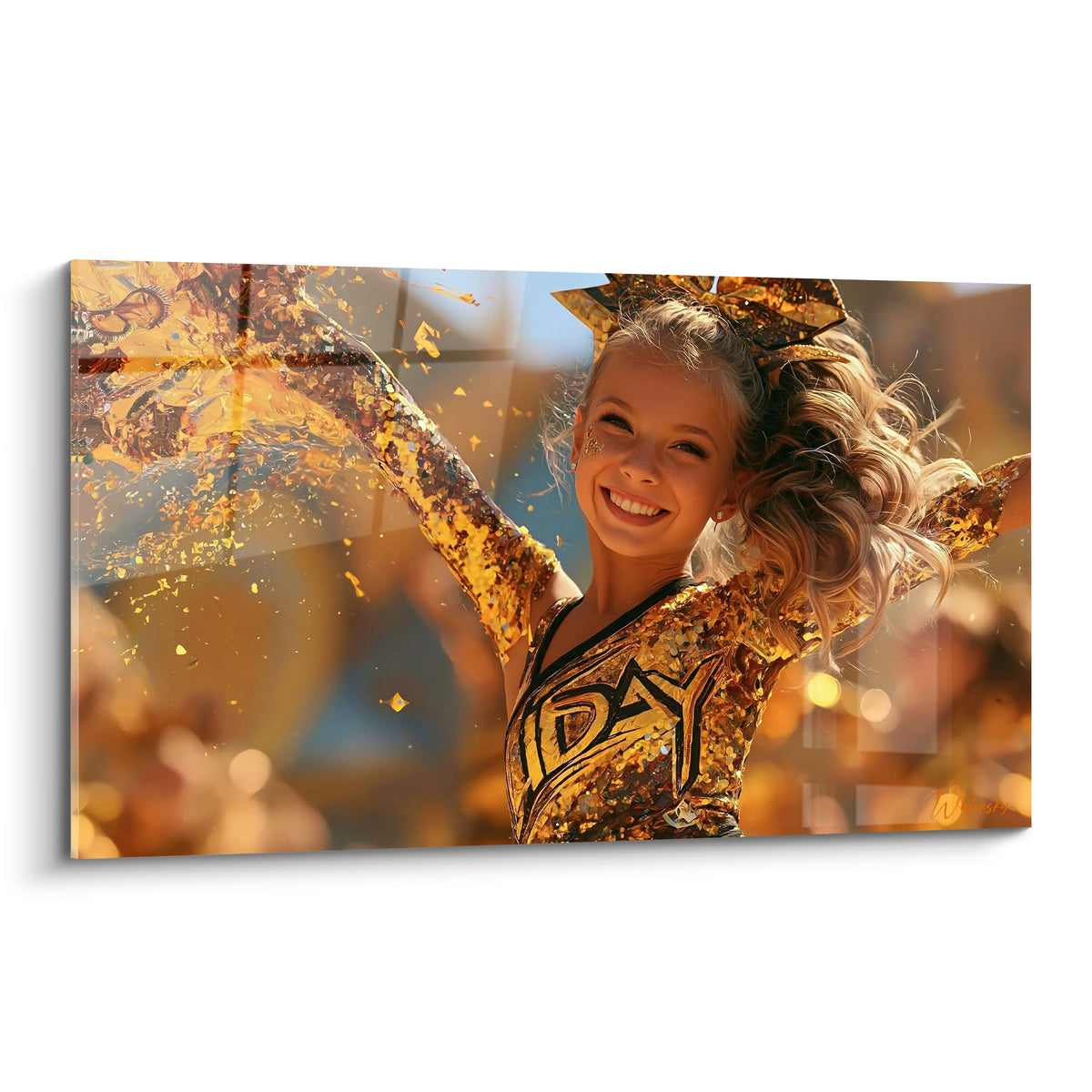 Cheerleader souriante en tenue dorée et paillettes, bras levé parmi des confettis ambrés éclatants