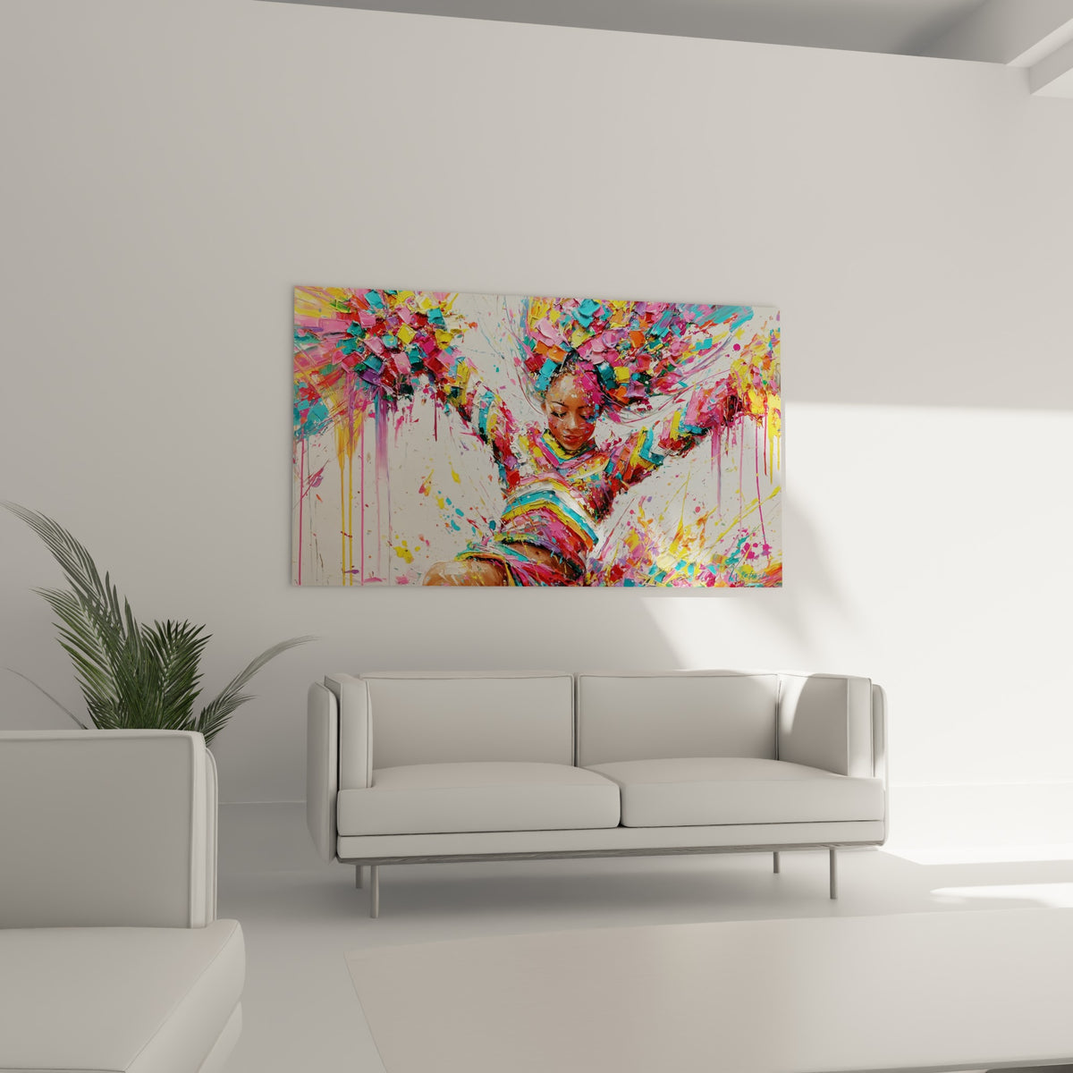 Athlète colorée aux tons roses et turquoise, exposée au-dessus d'un canapé dans un salon lumineux
