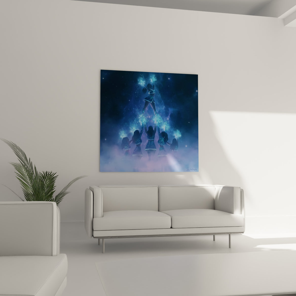 Pyramide de cheerleaders en bleu profond et turquoise lumineux, au-dessus d'un canapé dans un salon lumineux