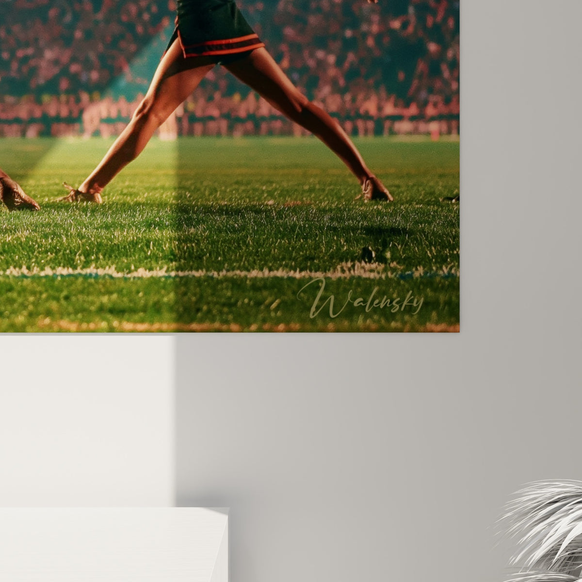 Grain de l'impression révélant les nuances orangées et bleu nuit du tableau cheerleader en gros plan