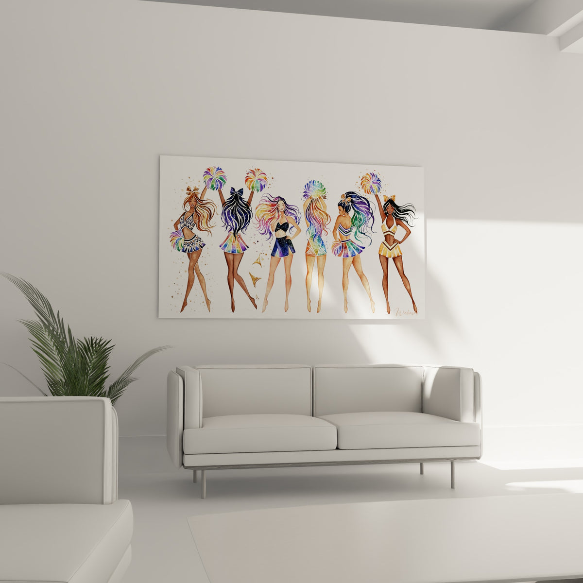 Pom-pom girls colorées en bleu marine et ocre suspendues au-dessus d'un canapé dans un salon lumineux