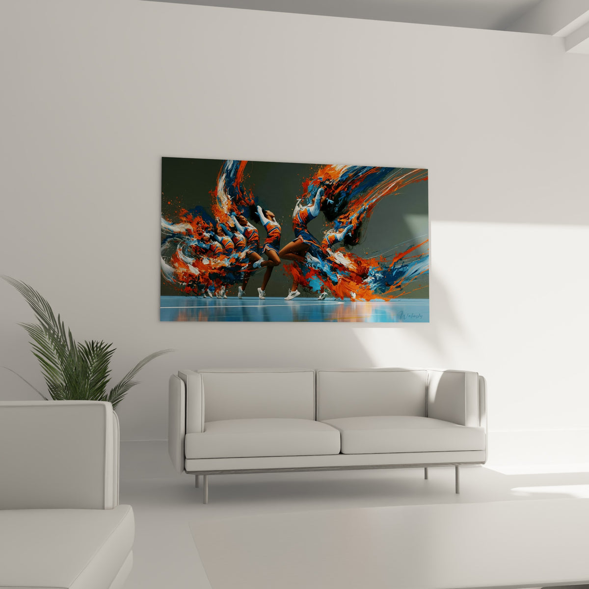 Meneuses de pom-pom en mouvement, tons bleu et orange vif, au-dessus d'un canapé dans un salon lumineux