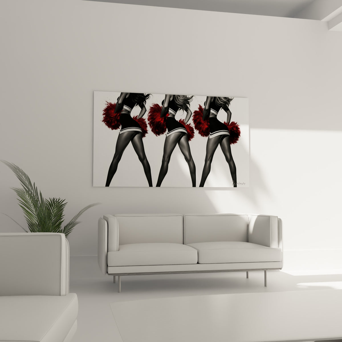 Silhouettes de cheerleaders gris foncé et pompons rouge fauve, au-dessus d'un canapé dans un salon lumineux