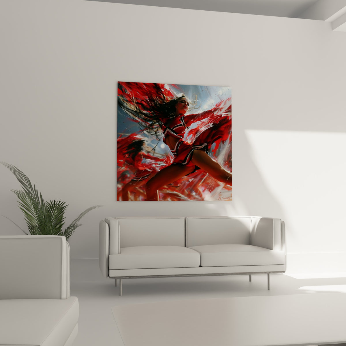Cheerleader saisie en mouvement, tons rouges et gris anthracite, au-dessus d'un canapé dans un salon lumineux