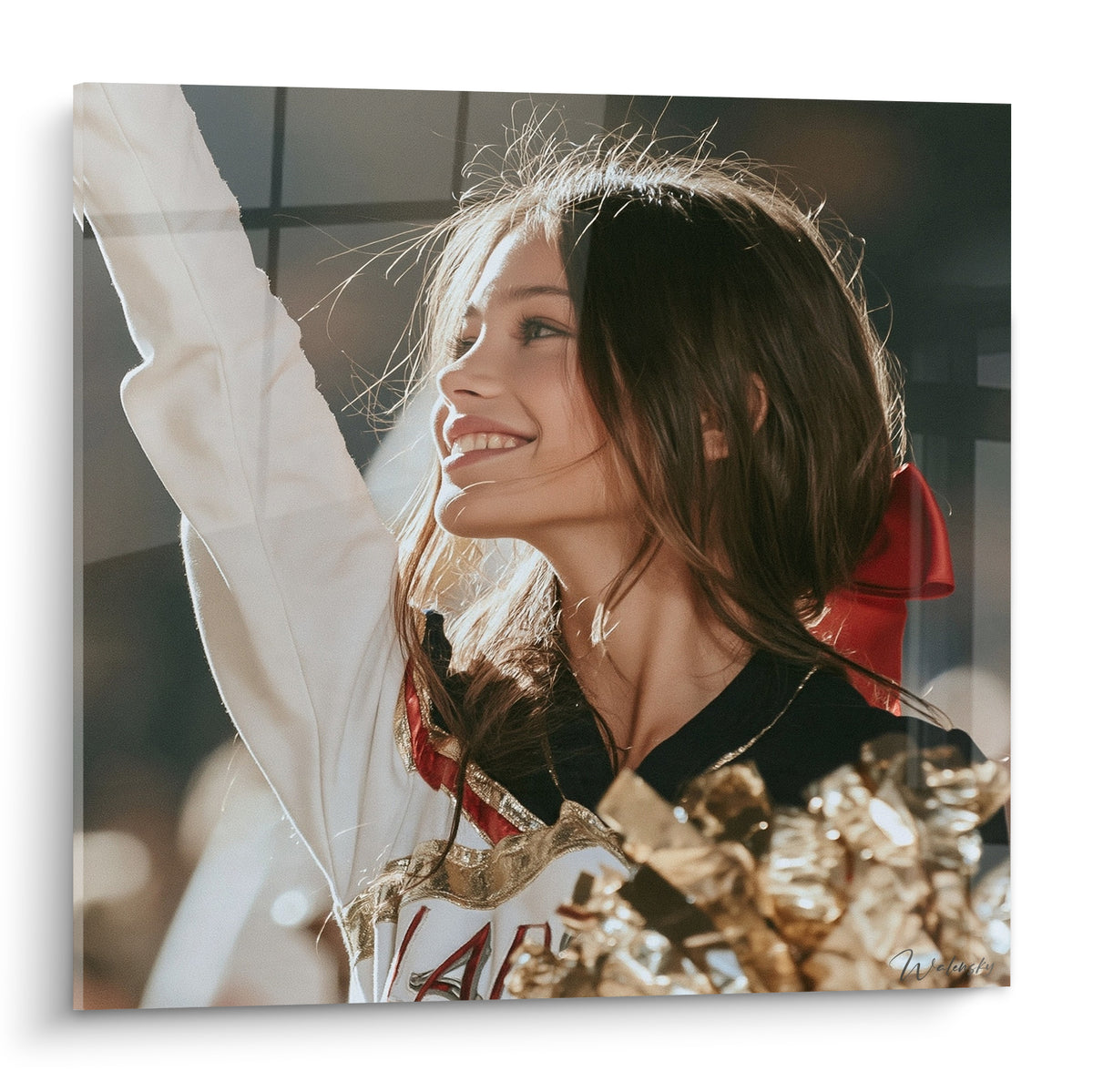 Cheerleader brune souriante lève le bras, noeud rouge et pompons dorés en lumière chaude