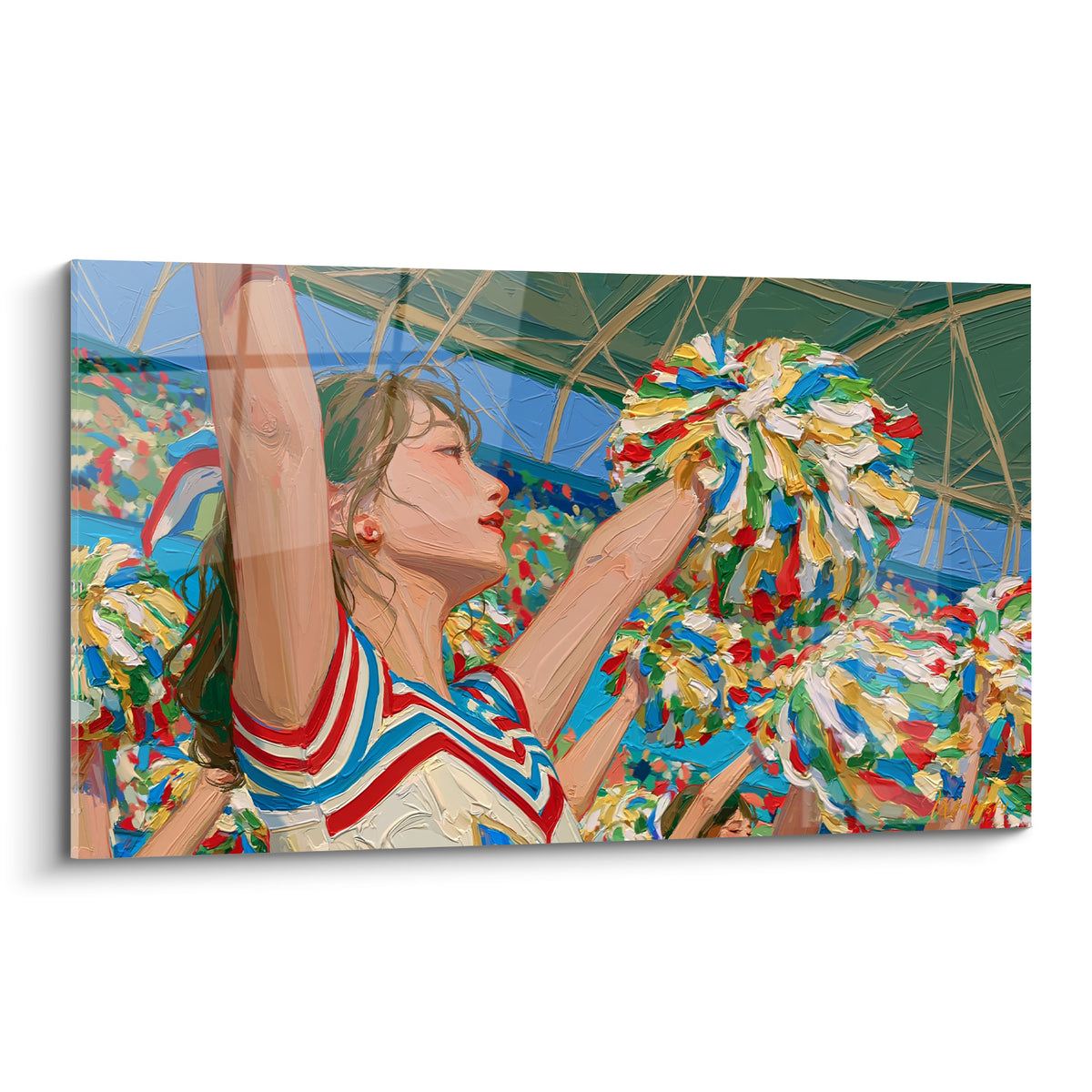 Pom-pom girl aux bras levés, pompon bleu vert jaune, uniforme rouge et blanc, style impressionniste.