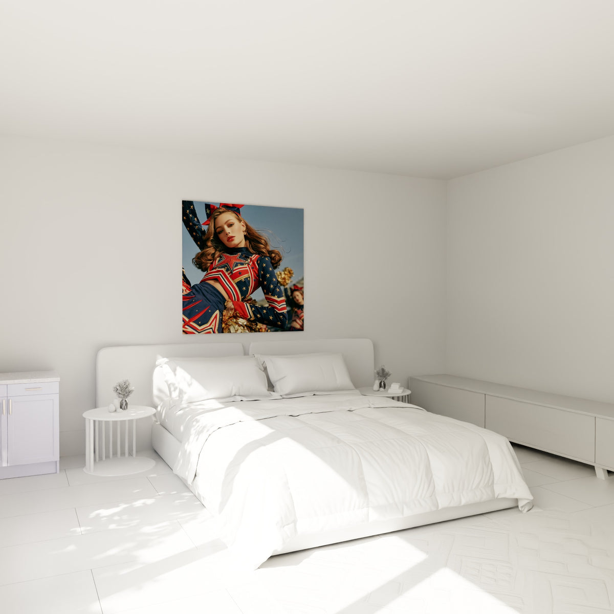 Meneuse en tenue bleu marine et rouge, pompons dorés scintillants, au-dessus d'un lit dans une chambre claire