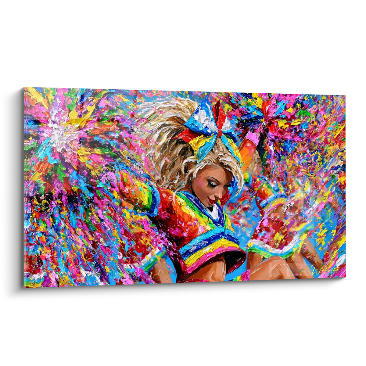 Cheerleader blonde en plein saut, pompons rouge et turquoise éclatés en peinture au couteau