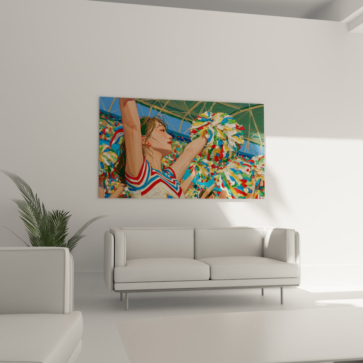 Jeune pom-pom girl profil levé, touches bleu et rouge vives, au-dessus d'un canapé dans un salon lumineux.