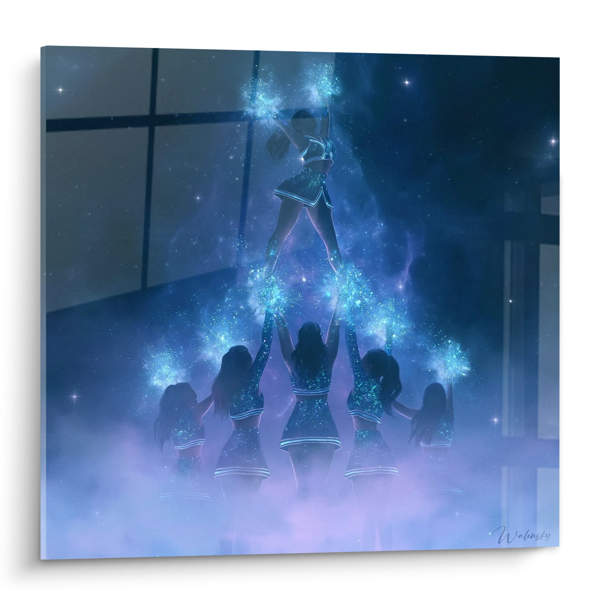 Cheerleader en pyramide humaine, silhouettes bleu marine et pompons turquoise scintillants sous ciel étoilé