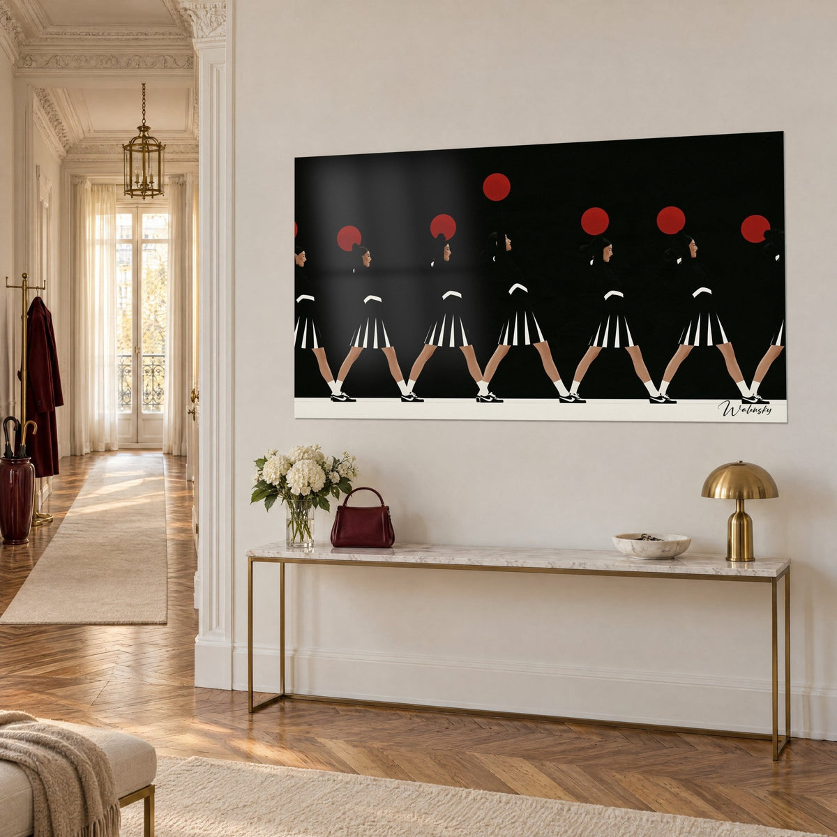Wall art row of cheerleaders in profile, white and black sneakers, red suns on a dark background, gilded console