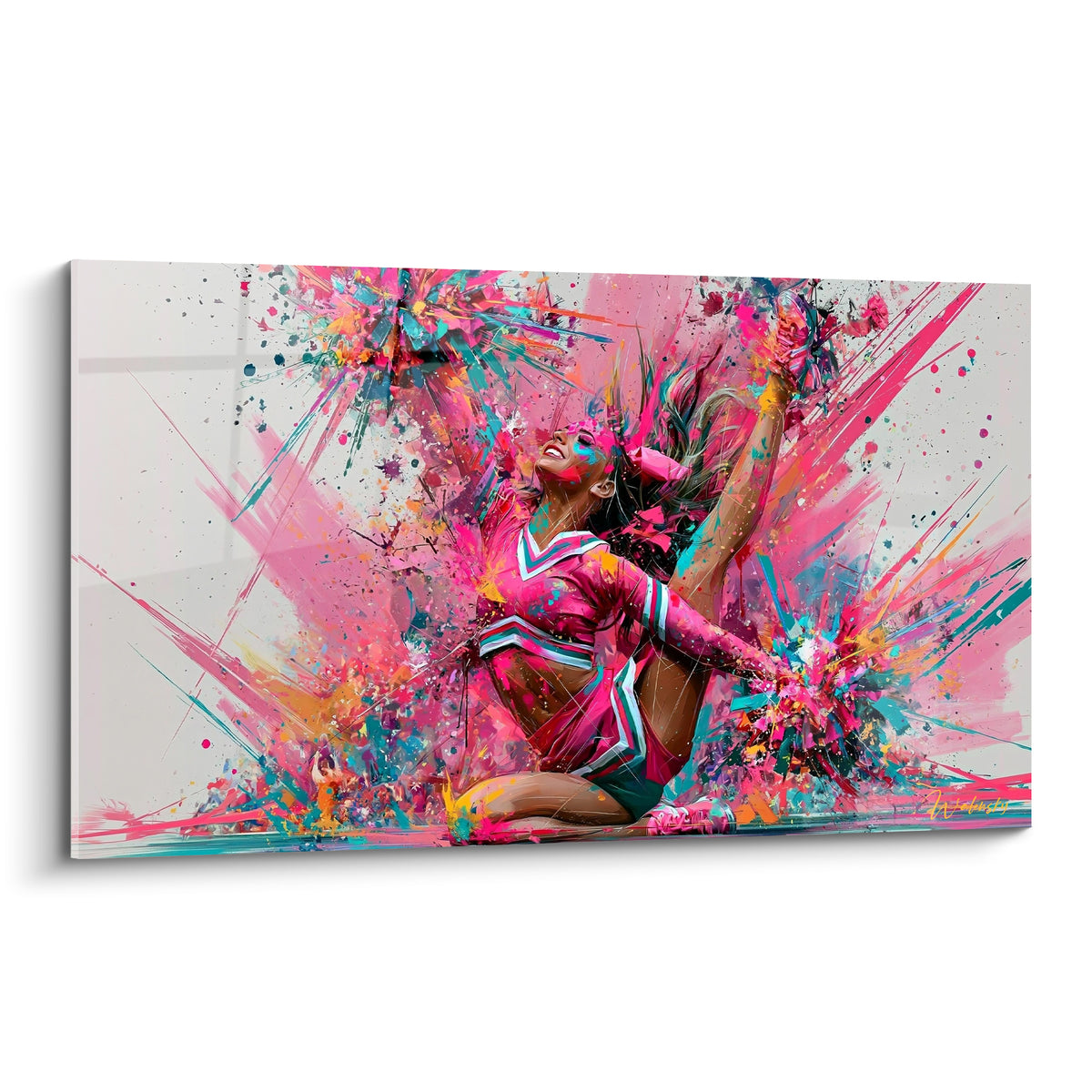 Pom-pom girl en saut, tenue rose fuchsia et turquoise, explosion de peinture colorée autour d'elle