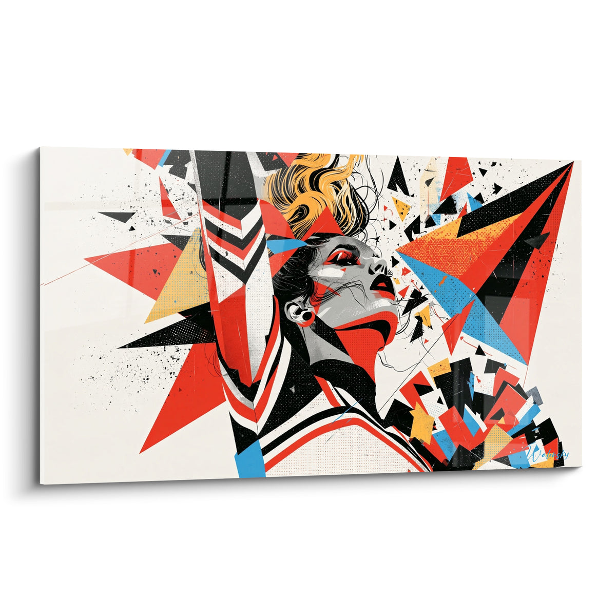 Pom-pom girl au visage gris levé, rouge et bleu éclatés en formes triangulaires tranchantes