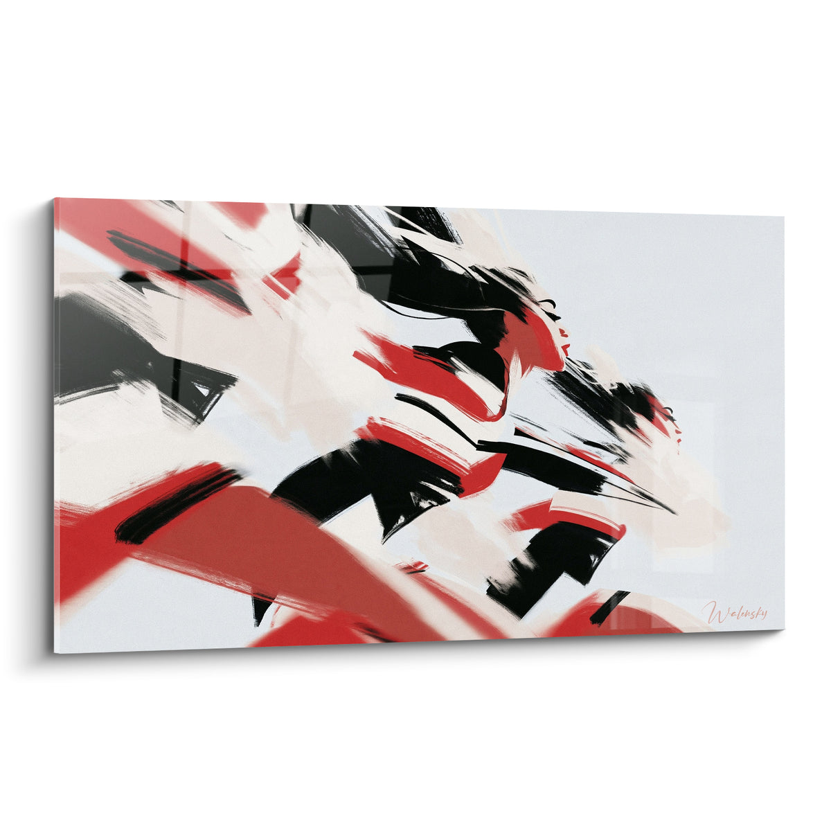 Cheerleader en plein saut, touches rouge vif et noir anthracite sur fond blanc cassé