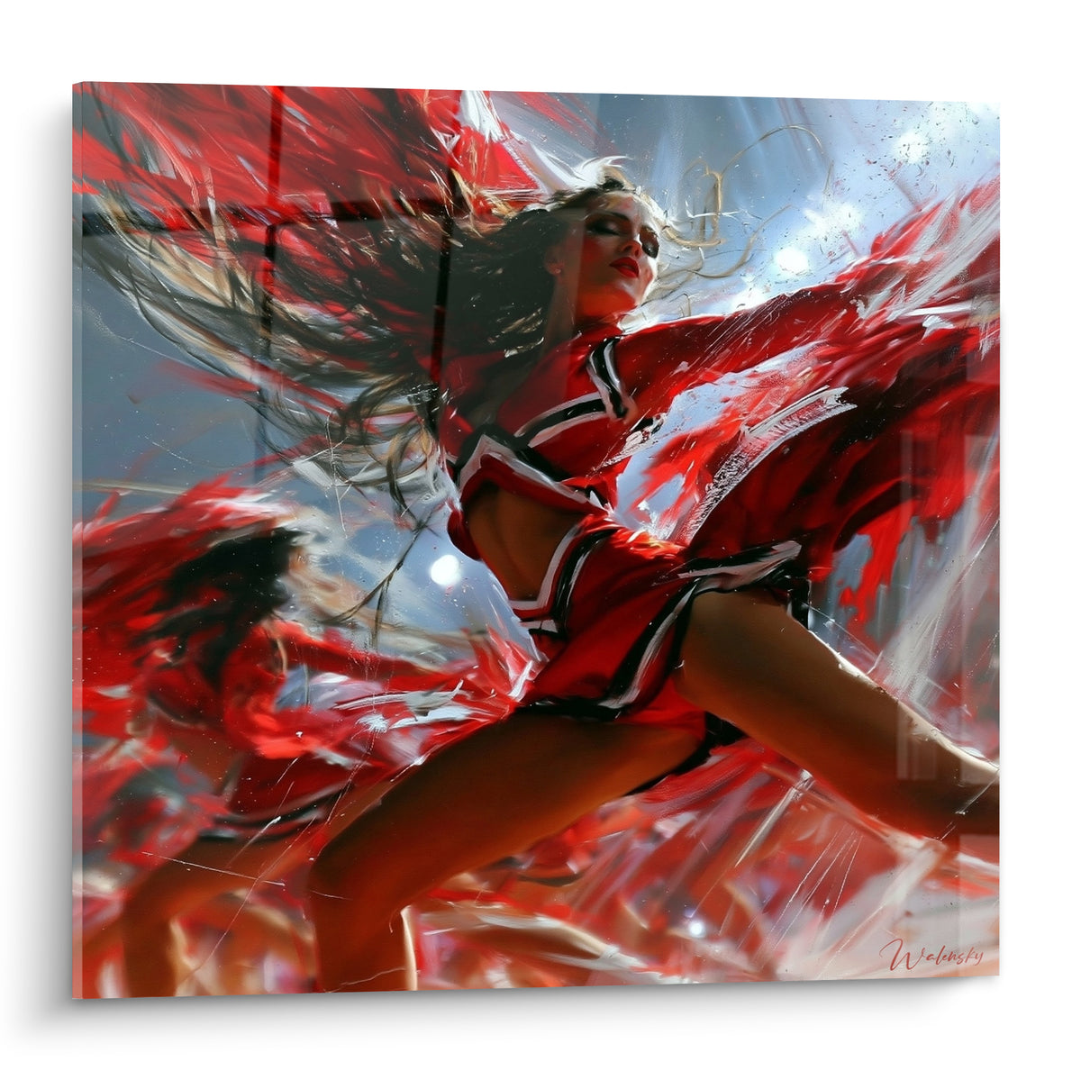 Cheerleader en saut acrobatique, robe rouge vif, mèches sombres, fond blanc éclatant