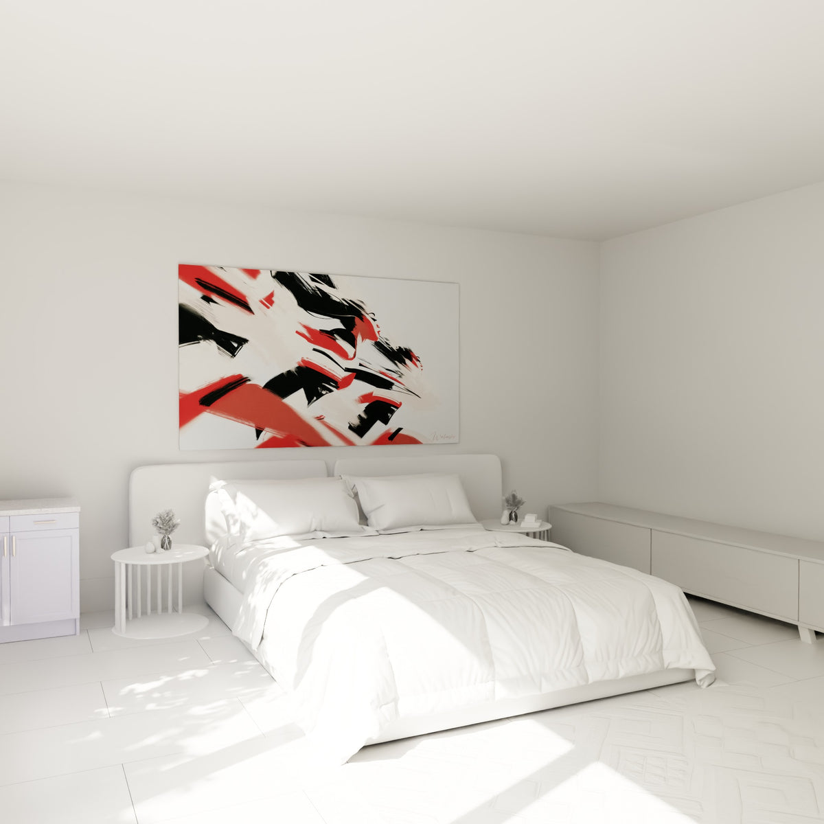 Silhouette rouge et noire de Cheerleader en mouvement, accrochée au-dessus d'un lit dans une chambre claire