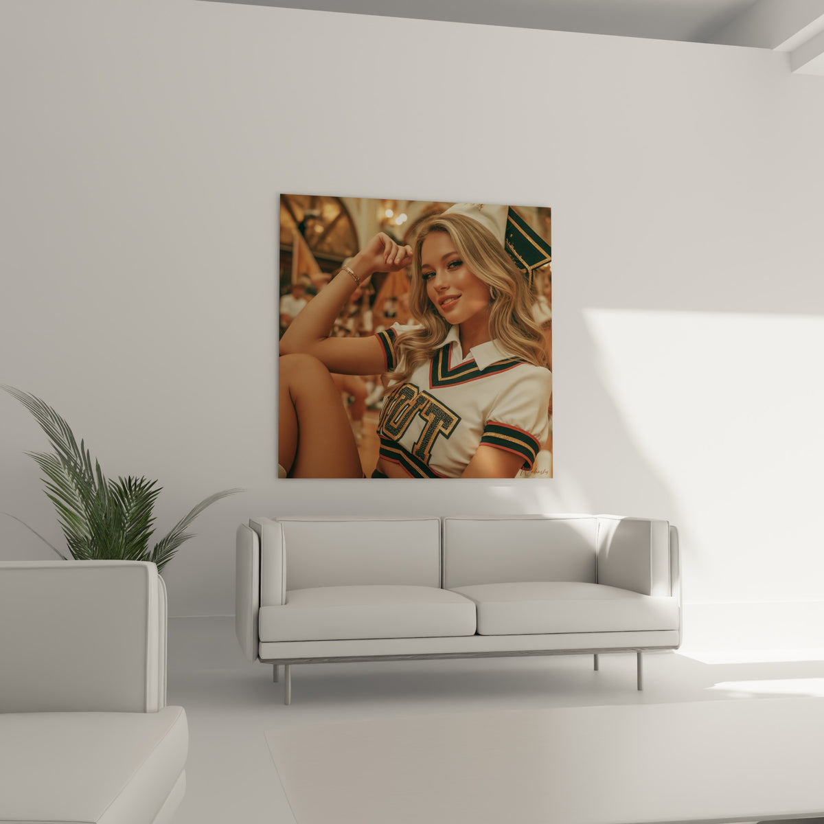 Cheerleader souriante en tenue blanche et ocre, au-dessus d'un canapé dans un salon lumineux