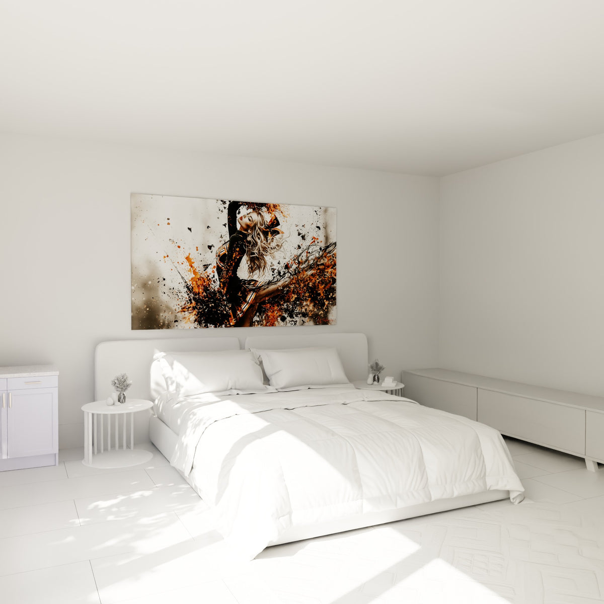 Silhouette de pom-pom girl aux tons terracotta et anthracite au-dessus d'un lit dans une chambre claire