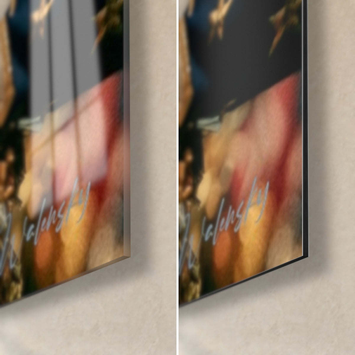 Wall art star cheerleader, bottom right corner: glossy acrylic glass with red reflections, matte black Dibond aluminium, 3 mm edge