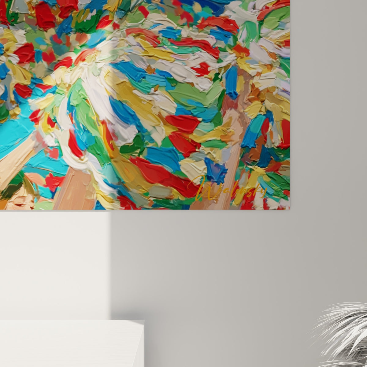 Empâtements épais du pompon bleu, vert et jaune, coulures de peinture visibles sur la toile texturée.