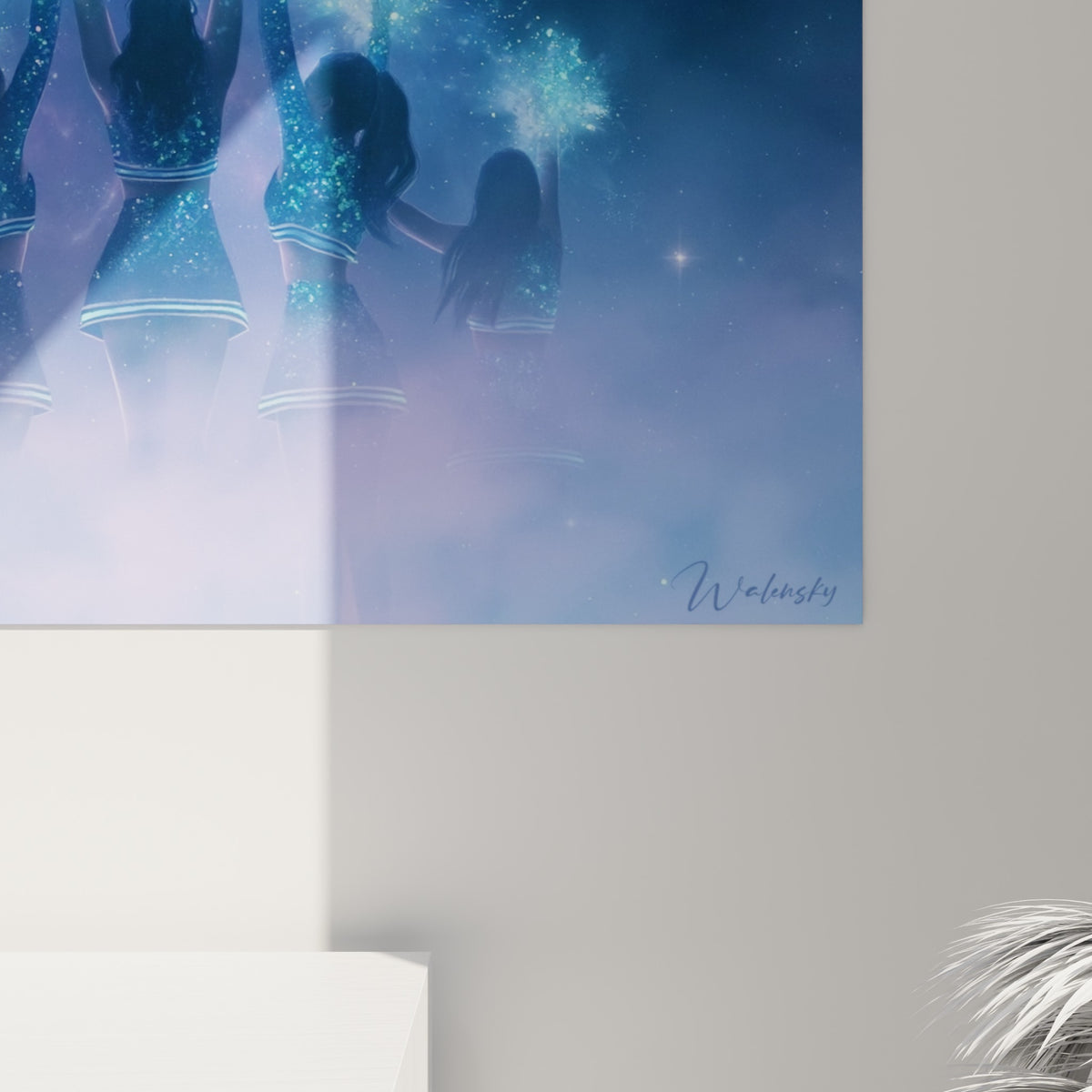Grain pictural rapproché du tableau cheerleader, particules turquoise et bleu marine se mêlant à la brume violacée