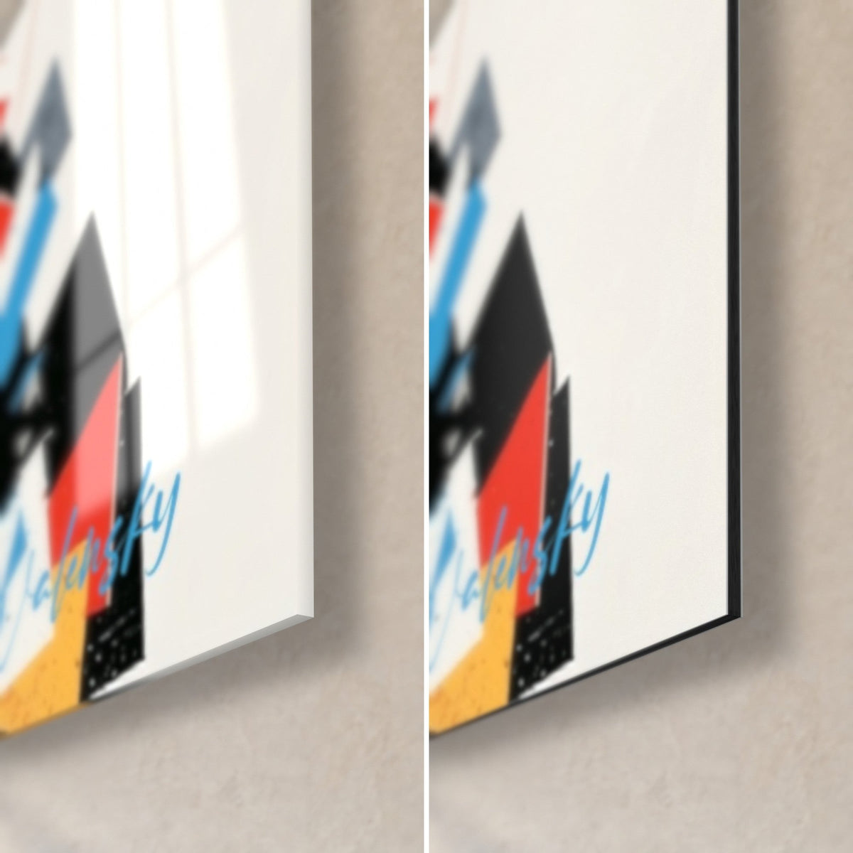 Wall art cheerleader with red and blue shards, lower right corner: glossy acrylic glass on the left, matte black Dibond on the right