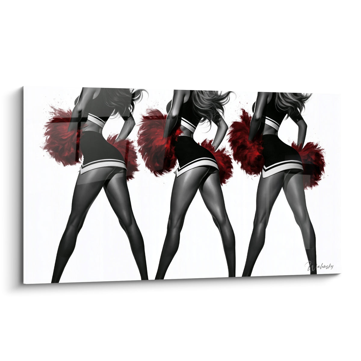 Trio de cheerleaders en noir et blanc, pompons rouge intense, silhouettes de dos dynamiques