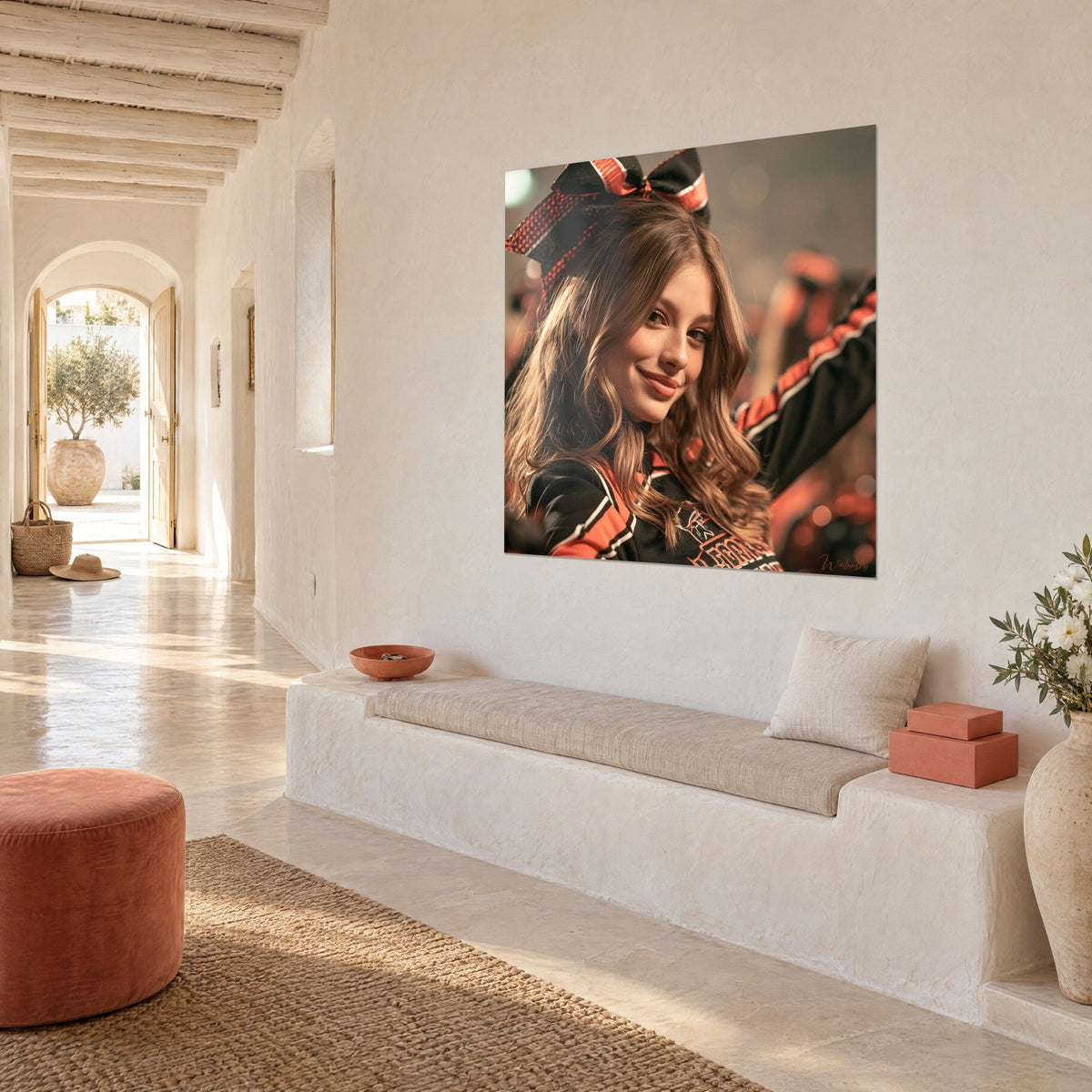 Wall art young fan with a knowing smile, black uniform with orange trim, whitewashed wall and bench of a Mediterranean house