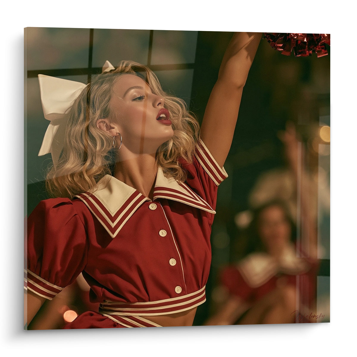 Meneuse blonde en uniforme rouge bordeaux et crème, bras levé tenant un pompon scintillant