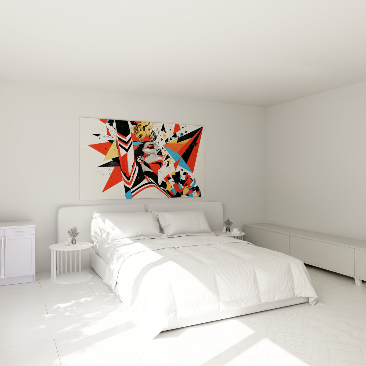 Silhouette rouge et dorée d'une cheerleader en plein cri, au-dessus d'un lit dans une chambre claire